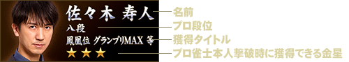 プロ雀士紹介説明（名前・プロ段位・獲得タイトル・プロ雀士本人撃破時に獲得できる金星）