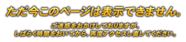 ただ今このページは表示できません。ご迷惑をお掛けしておりますが、しばらく時間をおいてから、再度アクセスし直してください。