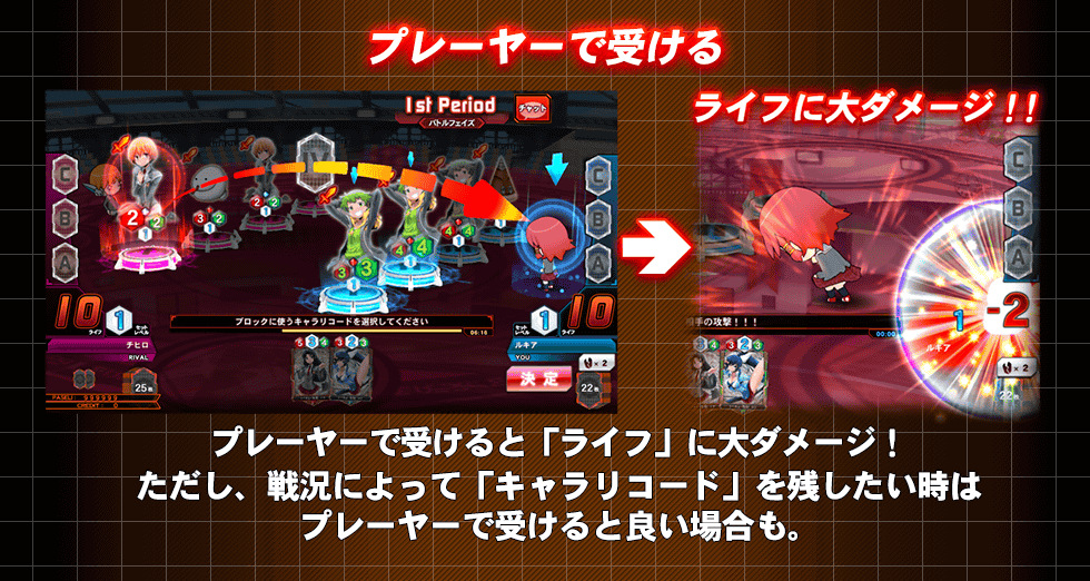 プレーヤーで受けると「ライフ」に大ダメージ！ただし、戦況によって「キャラリコード」を残したい時はプレーヤーで受けると良い場面も。