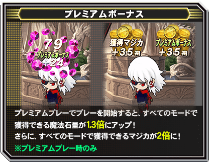 【プレミアムボーナス】プレミアムプレーでプレーを開始すると、すべてのモードで獲得できる魔法石量が1.3倍にアップ！さらに、すべてのモードで獲得できるマジカが2倍に！
